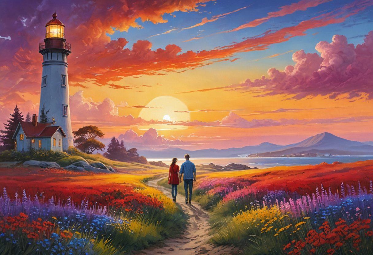 A serene landscape depicting a couple holding hands, walking through a vibrant, lush field symbolizing love and security. In the distance, a guiding lighthouse represents guidance in navigating life's challenges, with softly glowing lights illuminating the path ahead. The sky is a beautiful gradient of warm colors, symbolizing hope and future. super-realistic. vibrant colors.