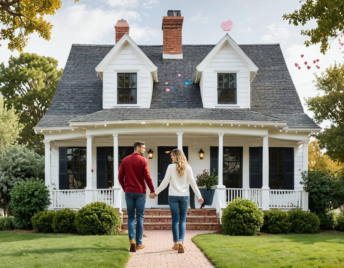 A warm, inviting scene featuring a couple holding hands with a backdrop of a cozy home. Symbols of love like hearts float around them while icons of insurance such as shields and dollar signs subtly blend into the background. The atmosphere radiates security and trust, with soft natural light filtering through. super-realistic. vibrant colors. white background.