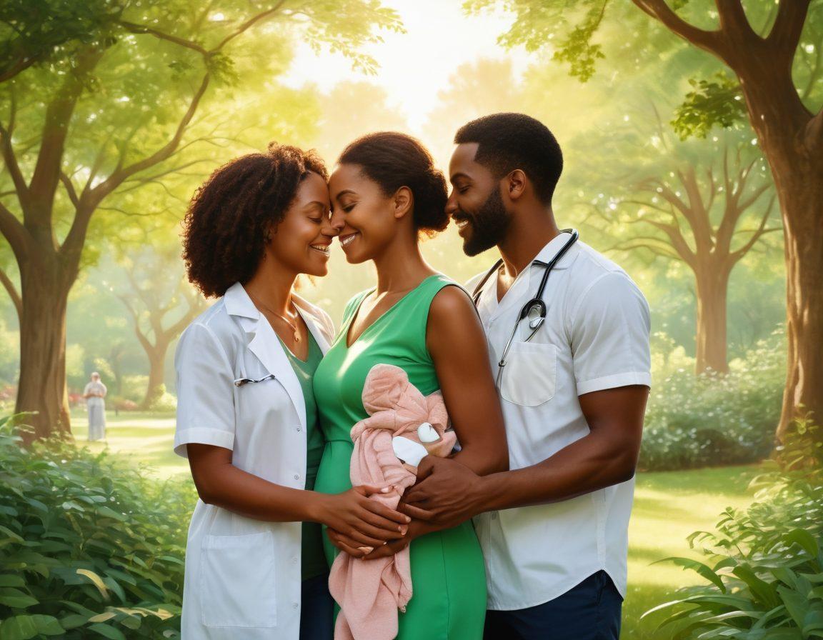 A serene family scene depicting a diverse family of four embracing each other in a lush green park, symbolizing love and protection. Soft sunlight filters through the trees, highlighting their joyful expressions. In the background, subtle illustrations of life, health, and relationship icons like hearts, stethoscopes, and shields are woven into the scenery. Emphasize warmth, unity, and security in the atmosphere. painting. vibrant colors.